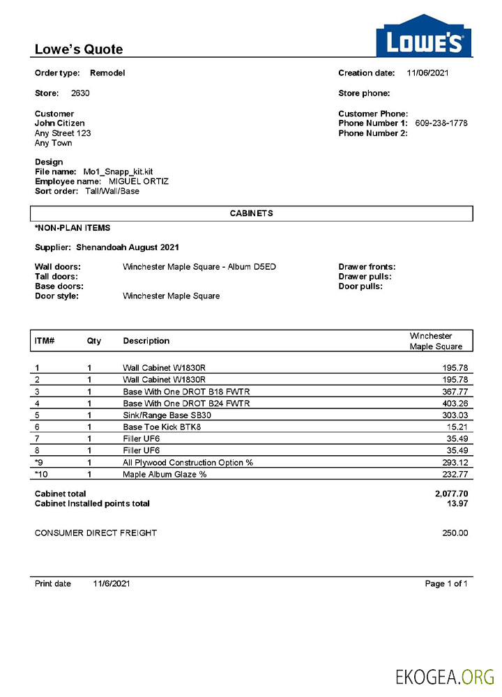 Modèle de facture USA Lowe's
